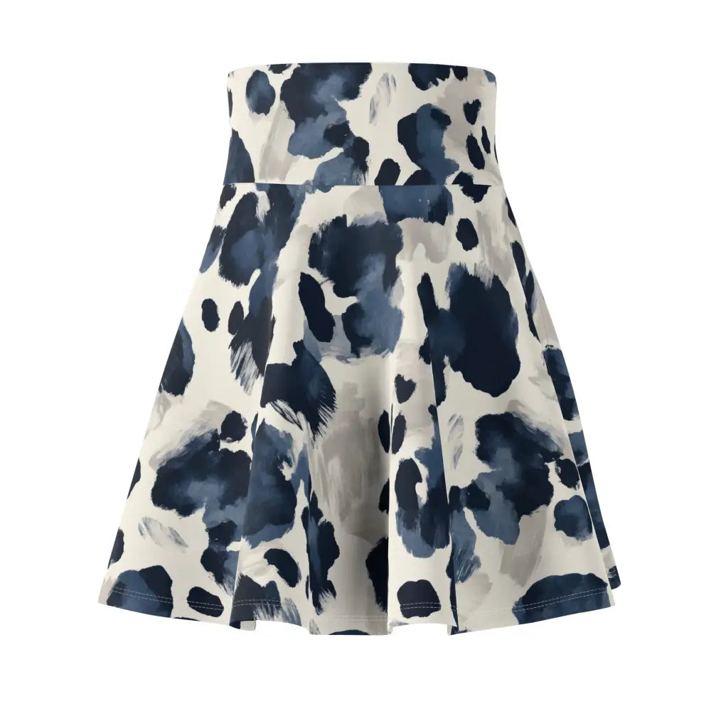 Blue and white patterned women’s skater skirt with navy abstract bloom design