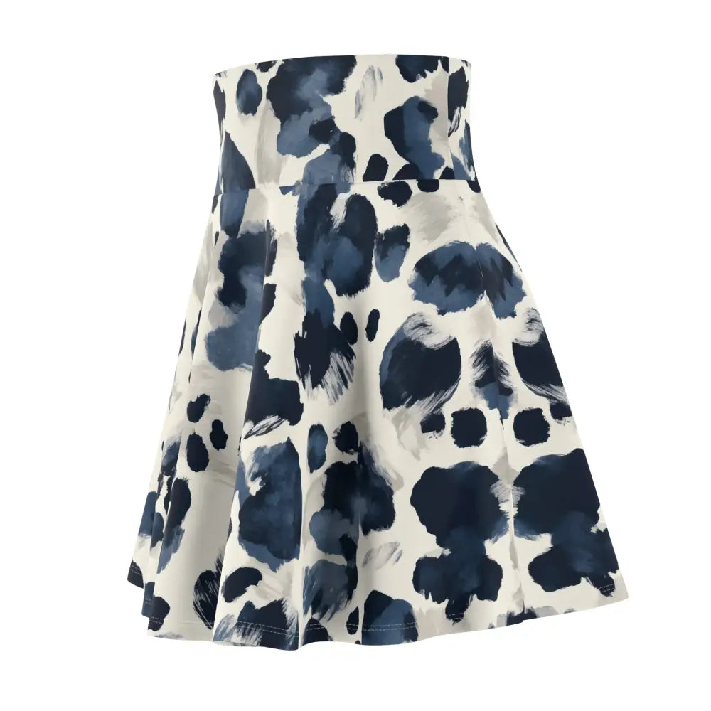Blue and white patterned women’s skater skirt with navy abstract bloom design