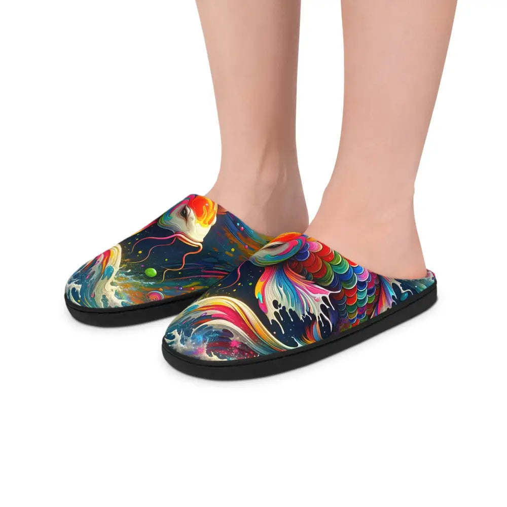 Colorful koi fish slippers for women from PixiOnyx Luxe Loungewear, rainbow design