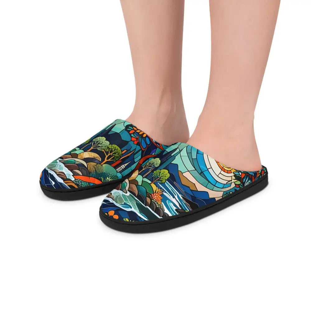 Artistic landscape-patterned slippers from PixiOnyx Women’s Slippers Stained Horizon collection
