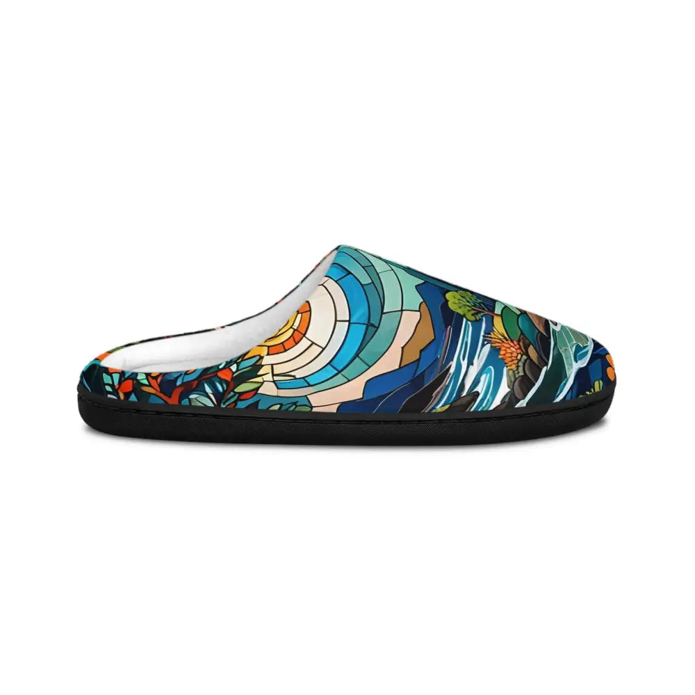 Artistic women’s slippers with stained horizon abstract fluid art and black sole