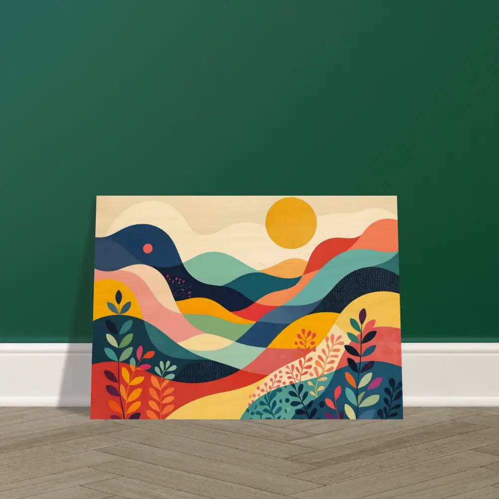 Colorful abstract landscape painting printed on wood for warm natural decor display