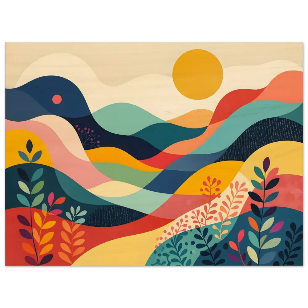 Colorful abstract landscape painting printed on wood for PixiOnyx Dreamscape Warmth