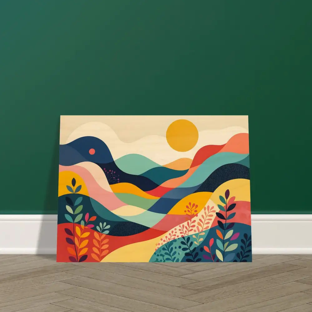 Colorful landscape painting printed on wood for a warm abstract nature scene display