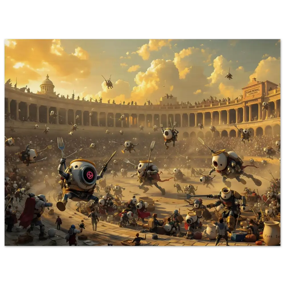 Robotic gladiatorial combat scene on Wood Print Battle of the Breakfast Bots PixiOnyx Rustic Riot Edition