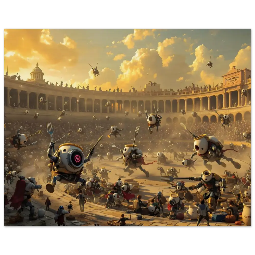 Robotic gladiatorial combat scene on Wood Print Battle of the Breakfast Bots PixiOnyx Rustic Riot Edition