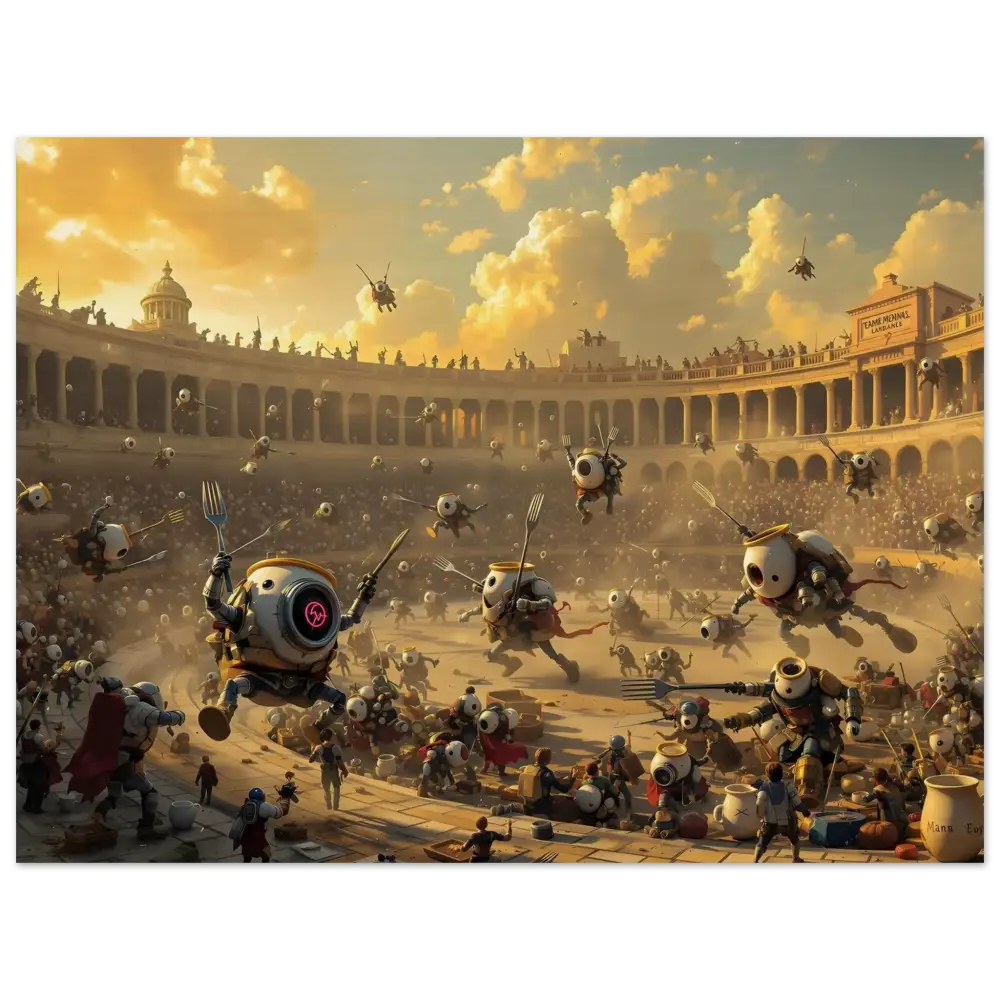 Robot gladiators battling in an arena on Rustic Riot Edition Wood Print by PixiOnyx