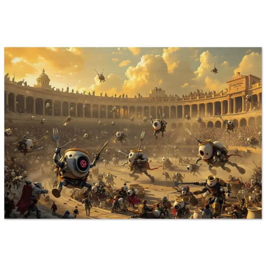 Robotic gladiatorial combat illustration on Wood Print Battle of the Breakfast Bots PixiOnyx Rustic Riot Edition