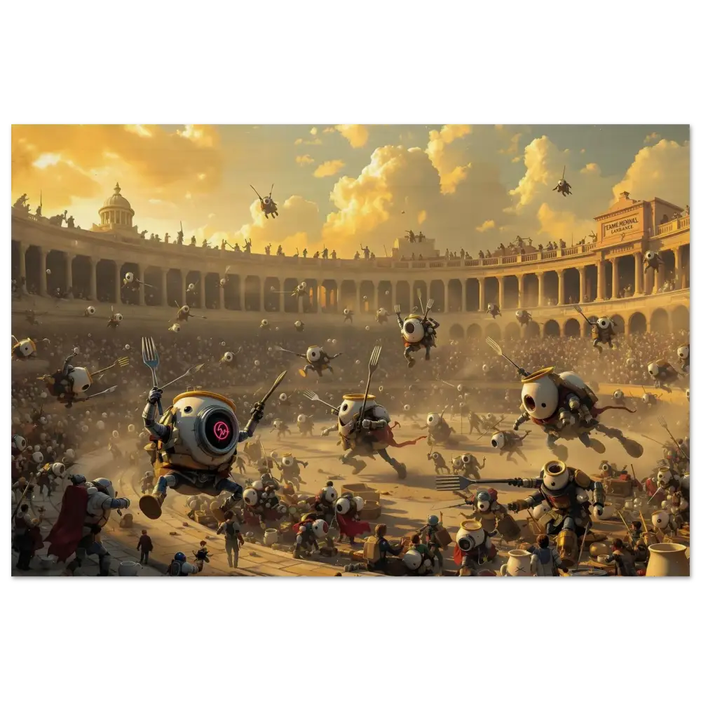 Robotic gladiatorial combat scene on Wood Print Battle of the Breakfast Bots PixiOnyx Rustic Riot Edition