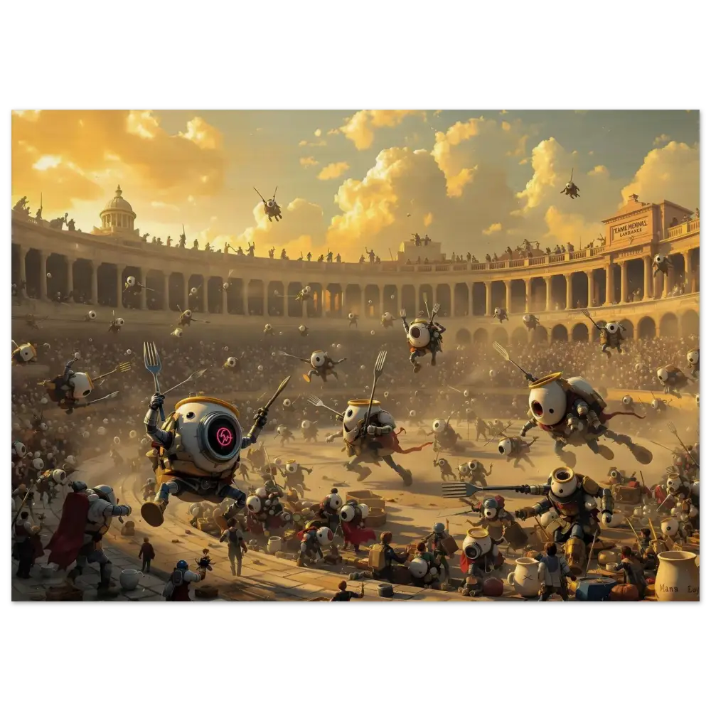 Robotic gladiatorial combat scene on Wood Print Battle of the Breakfast Bots PixiOnyx Rustic Riot Edition