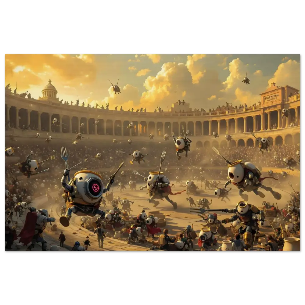 Robotic gladiatorial combat depicted on Wood Print Battle of the Breakfast Bots PixiOnyx Rustic Riot Edition
