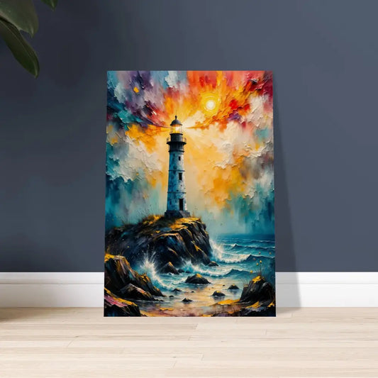 Vibrant expressionistic lighthouse painting on sustainably sourced plywood with visible natural grain