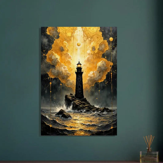 Wood print featuring a lighthouse on rocky outcrop under dramatic sky, perfect for nature meets mysticism decor