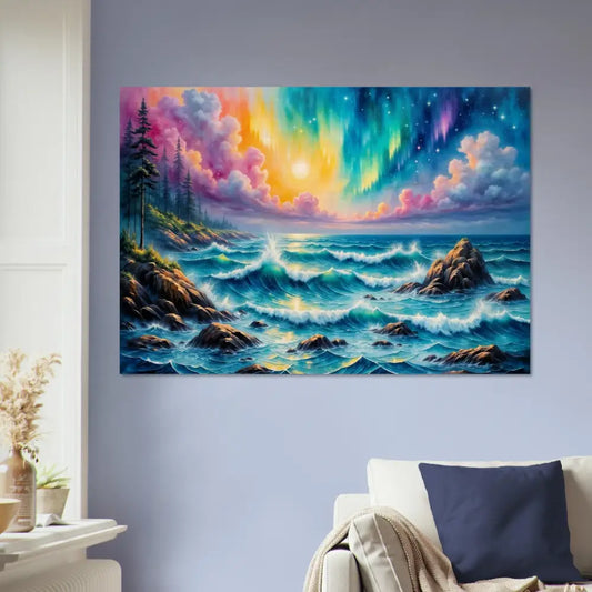 Wood Print Celestial Tide aurora seascape painting of stormy sea under aurora filled sky