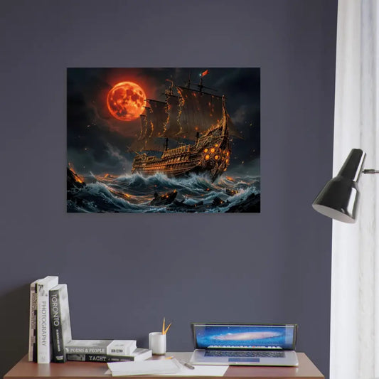 Wood print of Blood Moon Armada pirate ship on stormy seas under a blood-red moon