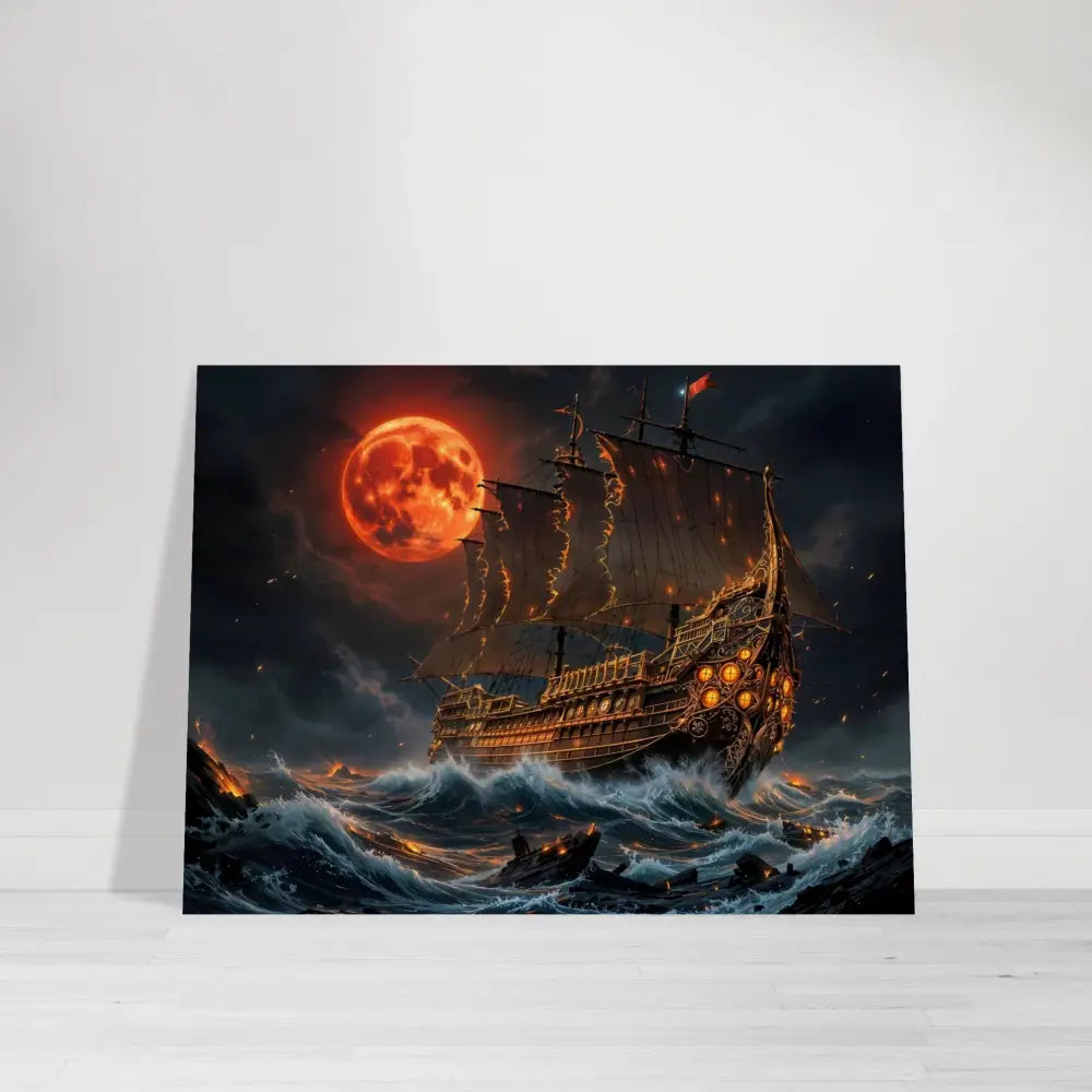 Wood print of Blood Moon Armada with pirate ship under a blood moon on stormy sea