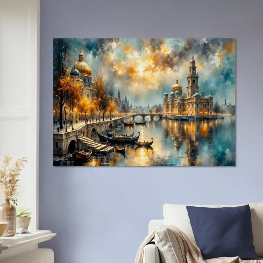 Wood print of impressionistic city with domed buildings and river, organic texture meets celestial