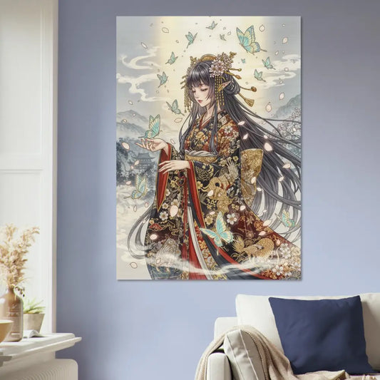 Anime-style wall art featuring a woman in kimono with butterflies, embodying earthy elegance meets divine beauty