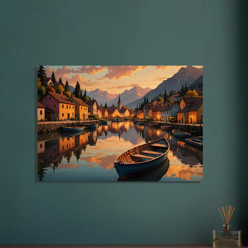 Picturesque lakeside village painting on Wood Print Evening Glow on Water PixiOnyx Rustic Reflection Series