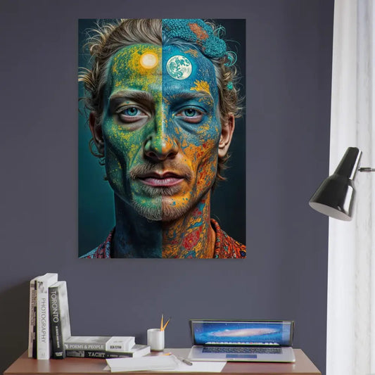 Surreal portrait with sun and moon face paint on Eco-Visionary Abstract Wood Print