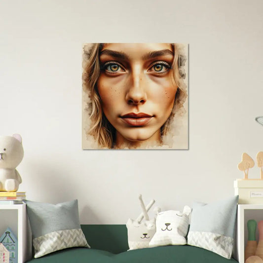 Watercolor-style portrait blends human intimacy with striking green eyes and curly blonde hair