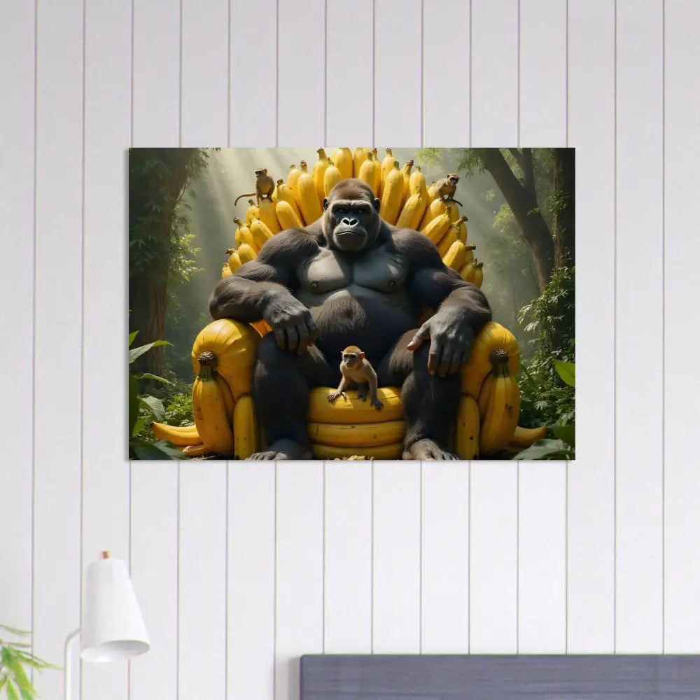 Gorilla sitting on Banana Throne printed on Wood Print for King Kong’s Primate Royalty