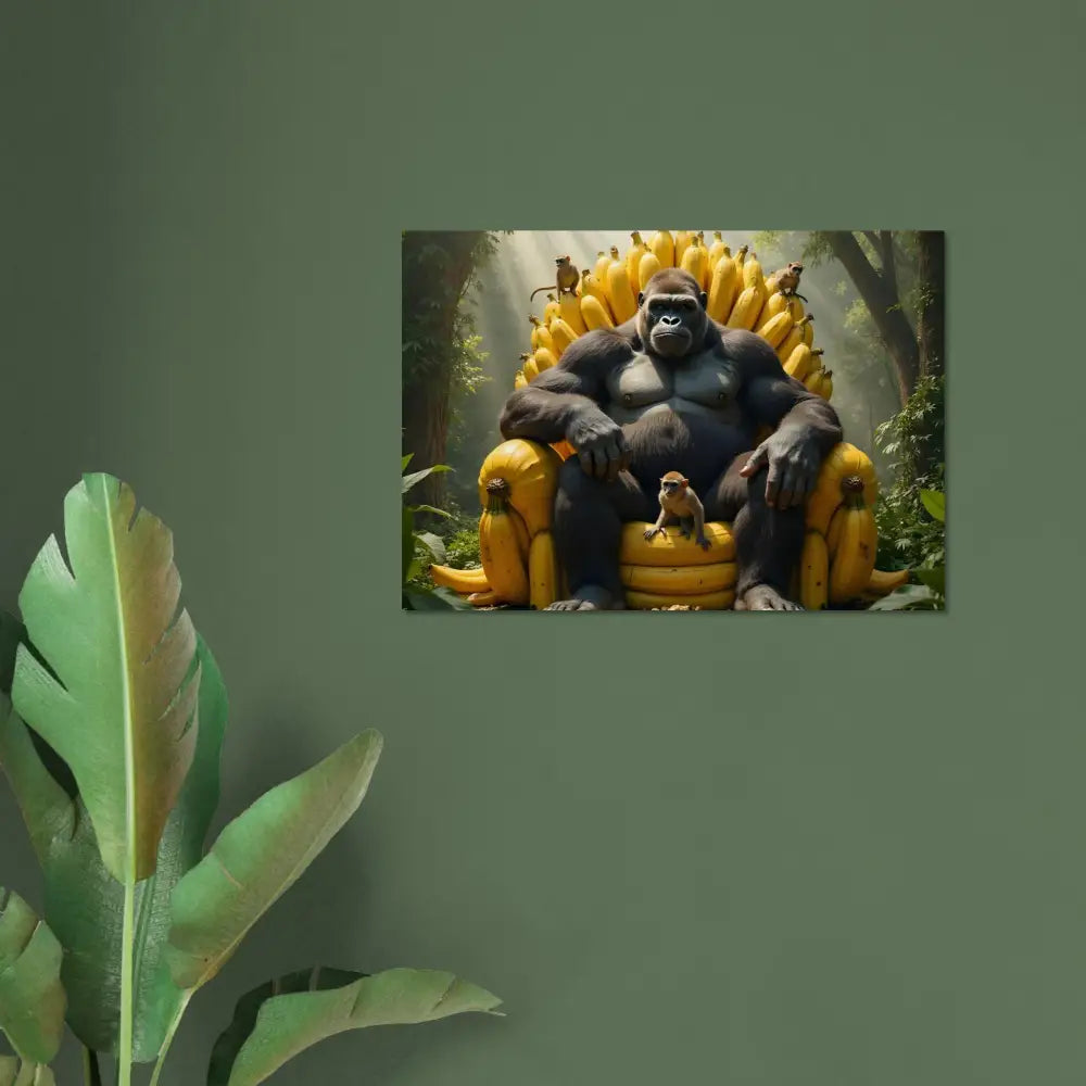 Wood print featuring a Gorilla sitting on King Kong’s Banana Throne for royal primate decor