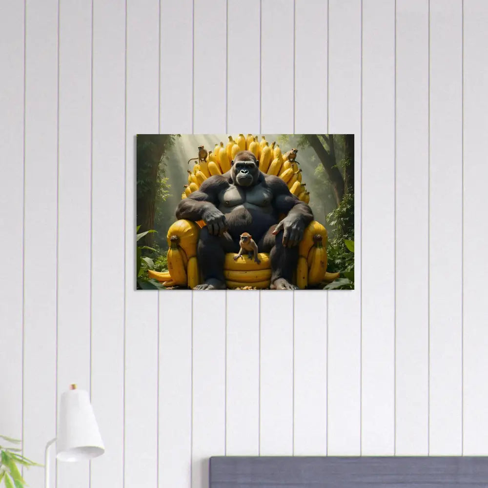 Gorilla sitting on Banana Throne in Wood Print King Kong’s Banana Throne PixiOnyx Primate Royalty