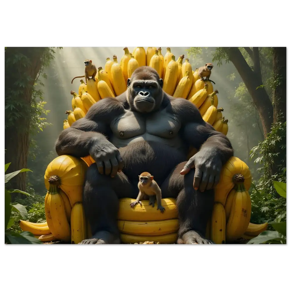 Wood Print of a Gorilla on a Banana Throne from King Kong’s Banana Throne collection