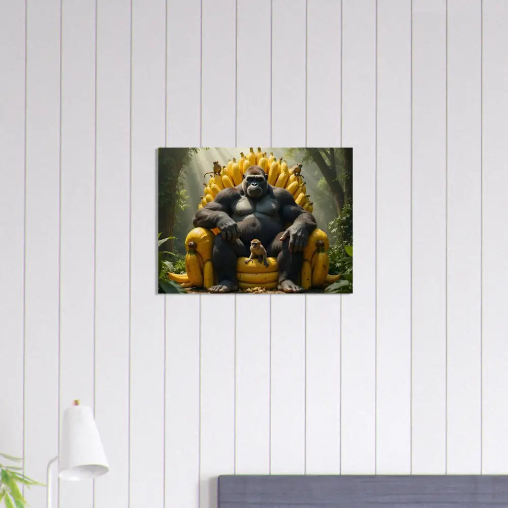 Gorilla sitting on a banana throne for King Kong’s Banana Throne Wood Print by PixiOnyx