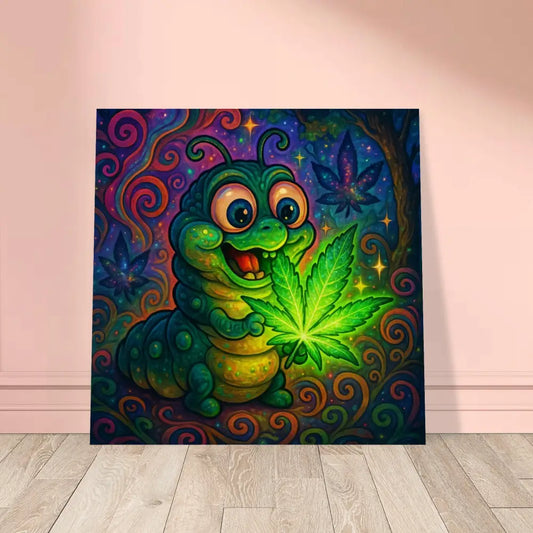 Cartoon caterpillar holding a cannabis leaf on natural wood wall art by PixiOnyx