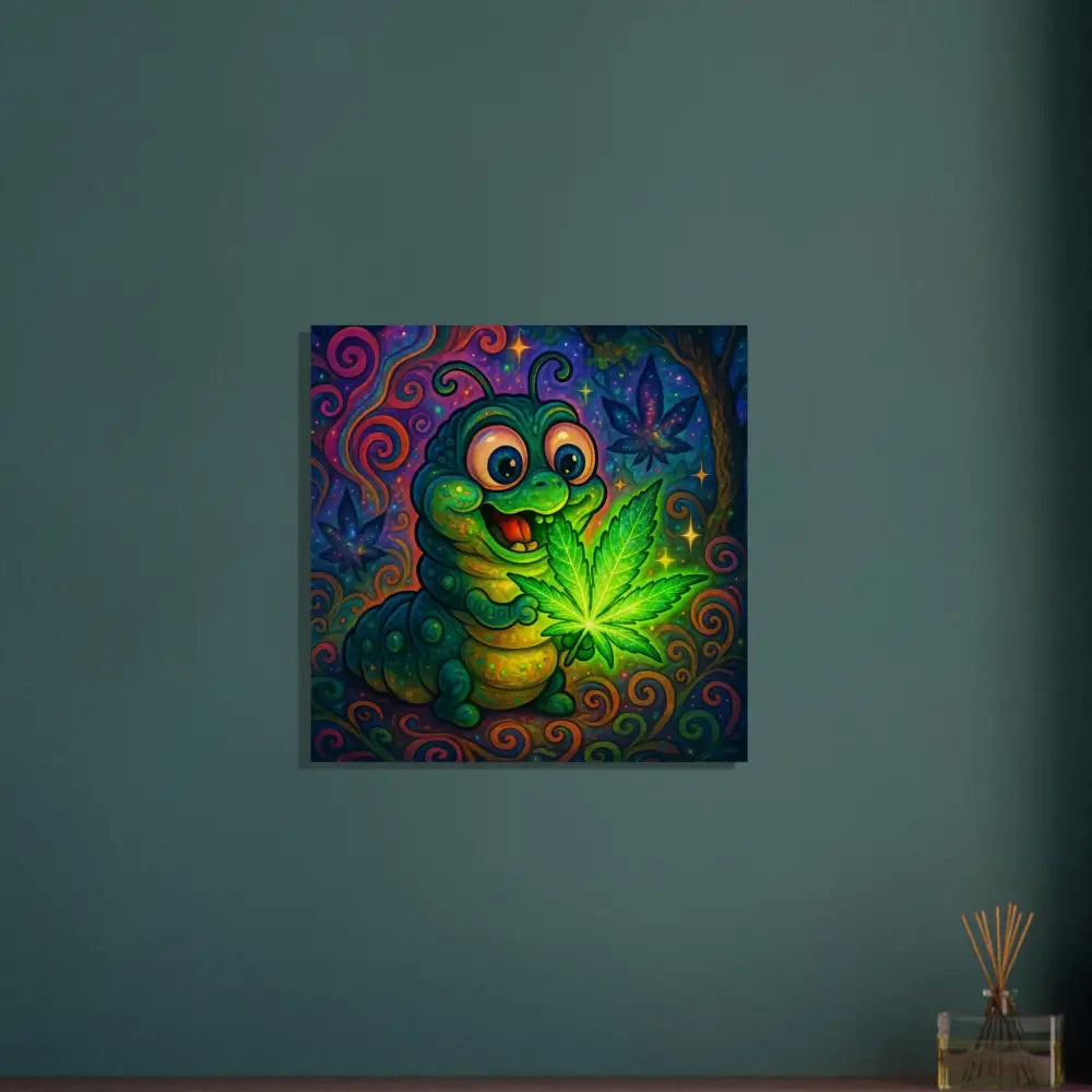 Cartoon caterpillar holding a glowing cannabis leaf on Wood Print Leaf Me Alone Wall Art