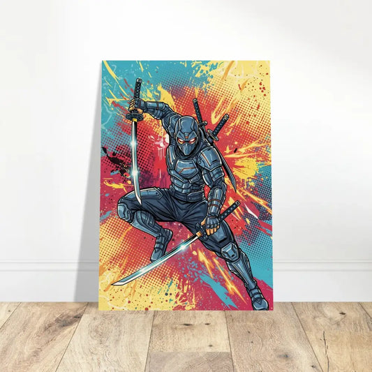 Fierce ninja leaps art print on warm wood grain featuring PixiOnyx Pop Samurai design