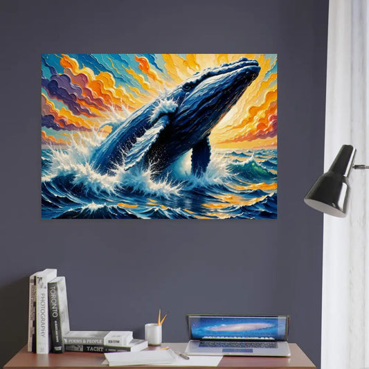 Wood print of vibrant whale breaching in flowing sea meets natural colorful sky scene