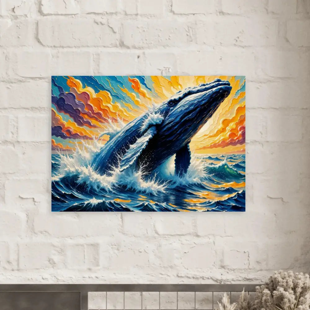 Wood print of a vibrant whale breaching in a stormy sea at sunset, where flowing sea meets natural beauty