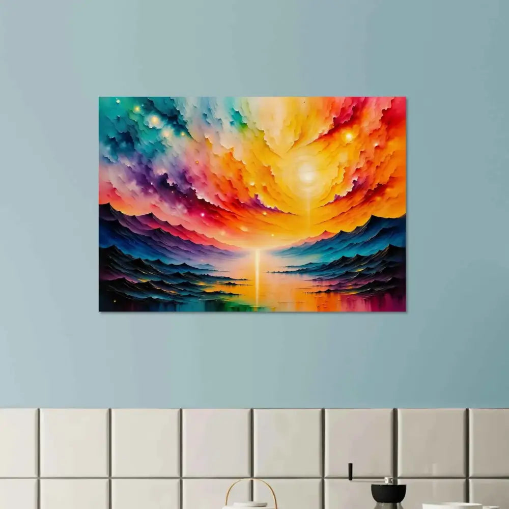 Discover Radiant Horizon reborn in this colorful surreal landscape wood print