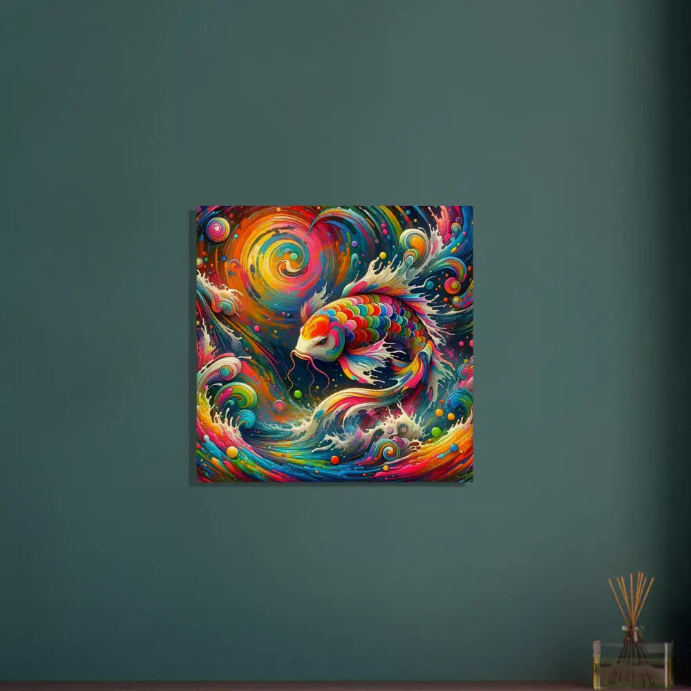 Colorful koi fish art displayed on Wood Print Rainbow Koi PixiOnyx Organic Flow in Psychedelic Nature