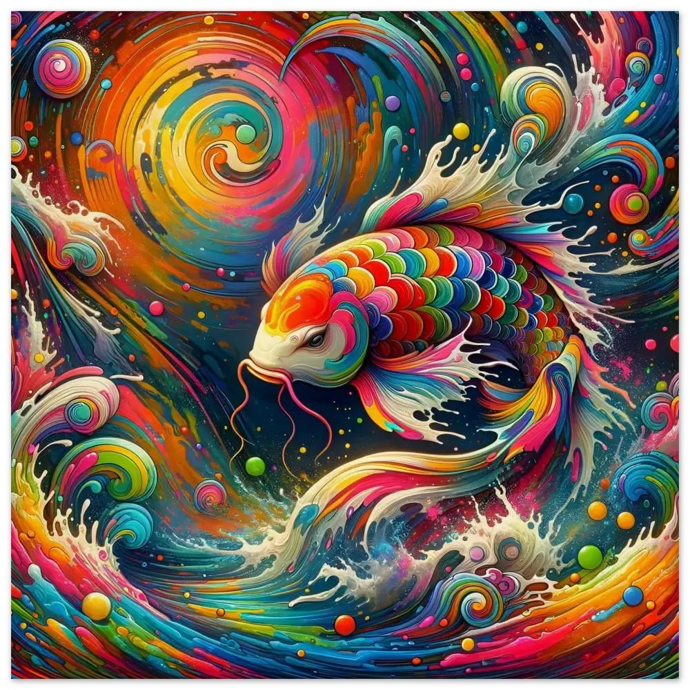 Vibrant swirling koi fish wood print from PixiOnyx Rainbow Koi collection