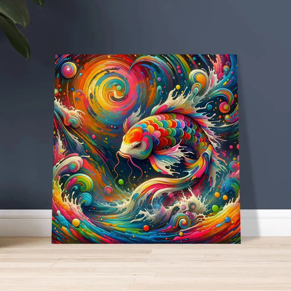 Colorful koi fish painting on wood print titled Rainbow Koi by PixiOnyx Organic Flow