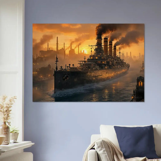 Painting of a steel leviathan battleship meets wood in PixiOnyx Burntgrain Relic style at sunset