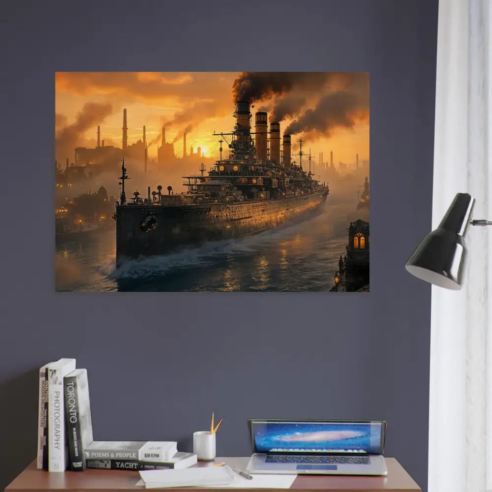 Wood print of Steel Leviathan ship at sunset in PixiOnyx Burntgrain Relic style