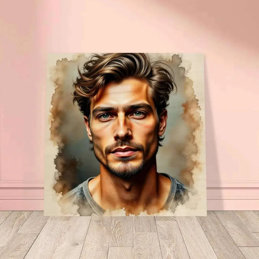 Watercolor portrait of handsome man with blue eyes, wavy brown hair, pigment bleed, Wood Print Stormworn Resolve