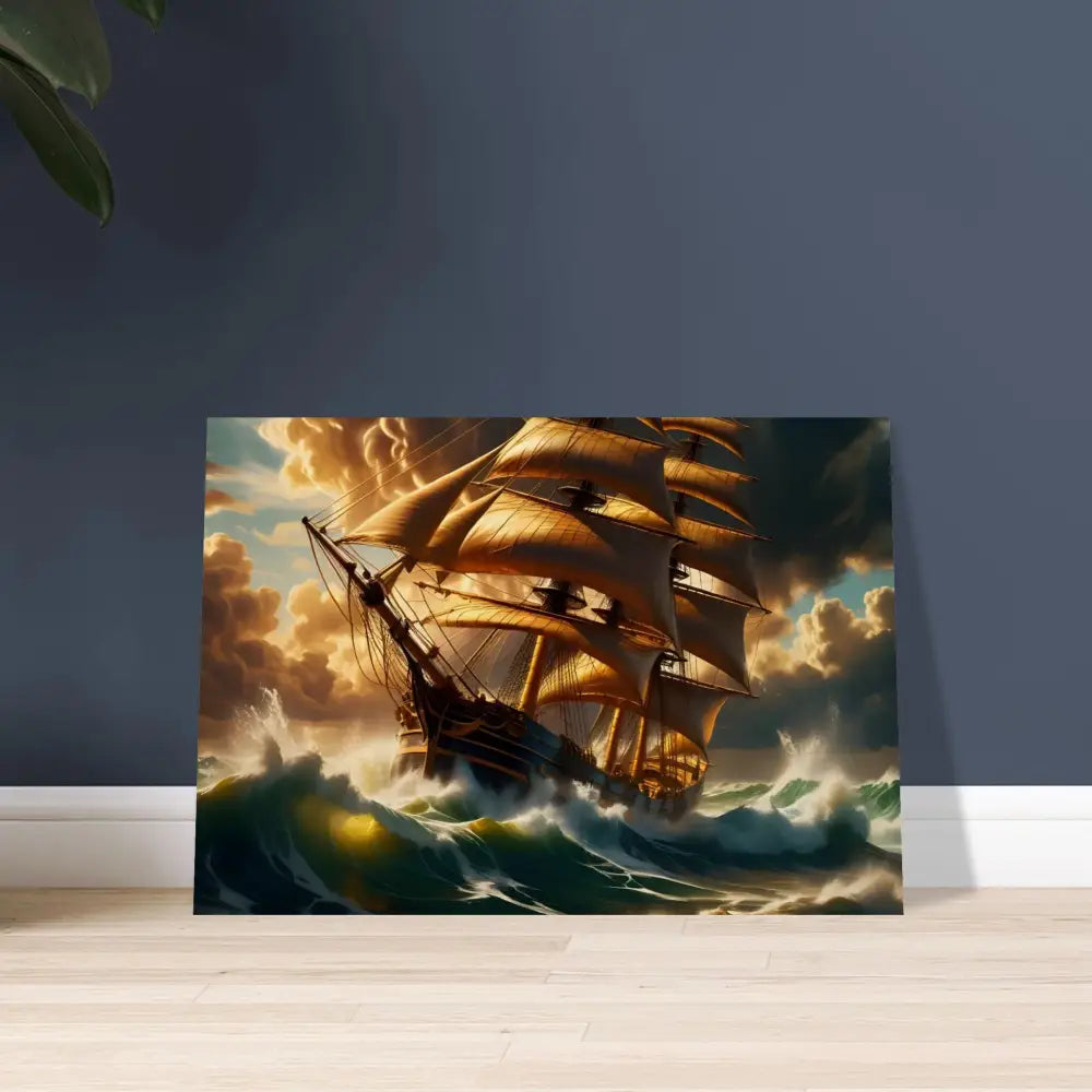 Stormy seas painting of a sailing ship on Wood Print Tempestbound Sovereign PixiOnyx Driftwood