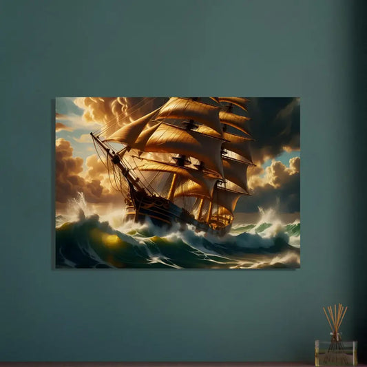 Golden sailing ship battling stormy seas on Wood Print Tempestbound Sovereign PixiOnyx Driftwood
