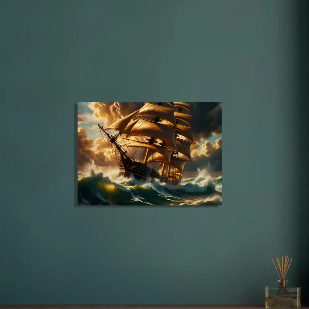 Dramatic sailing ship painting on wood print from PixiOnyx Driftwood Realism Series