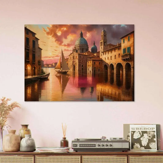 Venetian Reverie natural wood print of a European canal city at sunset with sailboat