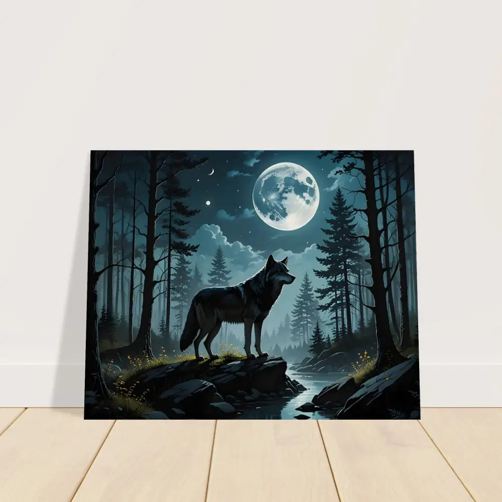 Wolf in moonlit forest artwork on a wood print titled Wood Print Wolf Moon Reverie PixiOnyx