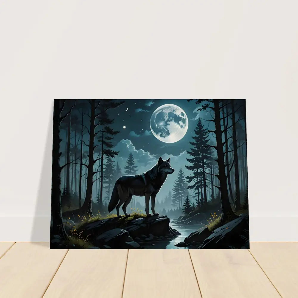 Wolf in moonlit forest canvas artwork for Wood Print Wolf Moon Reverie by PixiOnyx