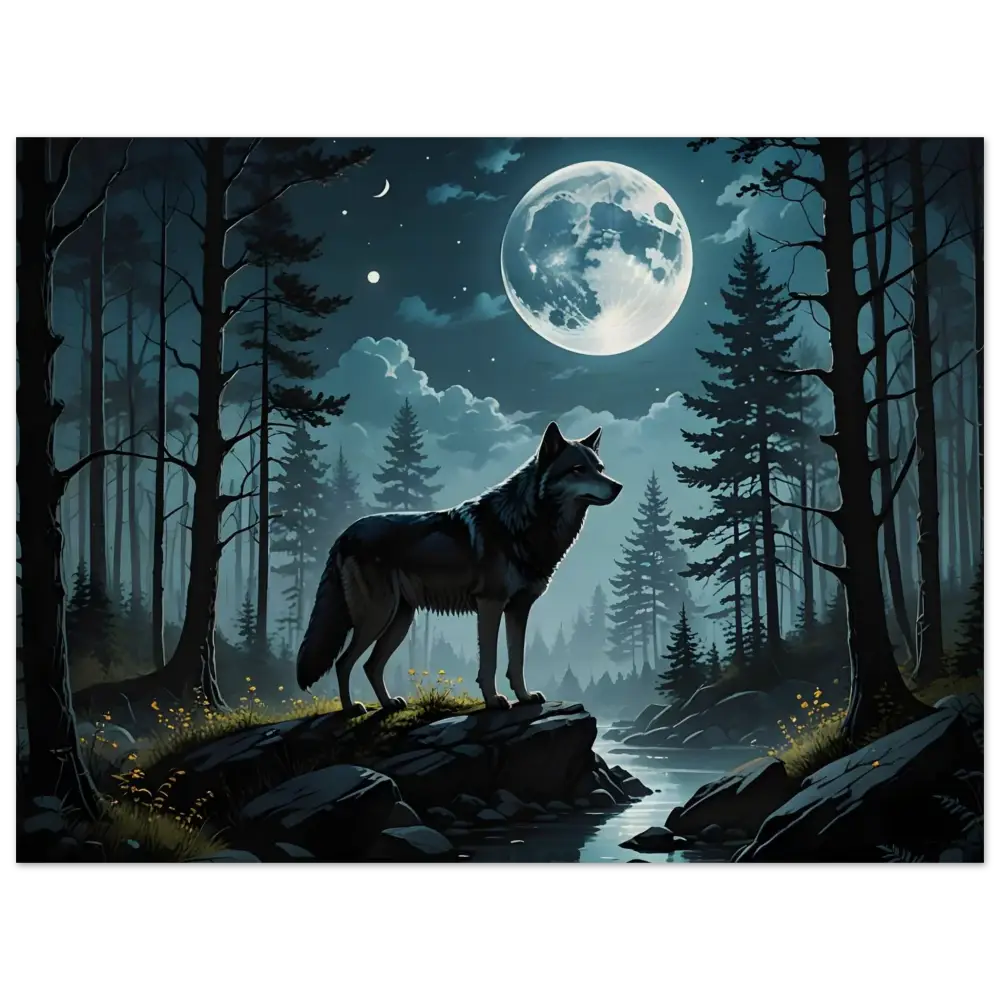 Wolf beneath a full moon that features on PixiOnyx Lunar Dreamscape Wood Print