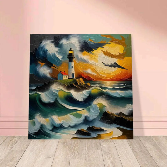 Colorful wood grain art of a lighthouse on rocky shore with crashing waves under dramatic sky